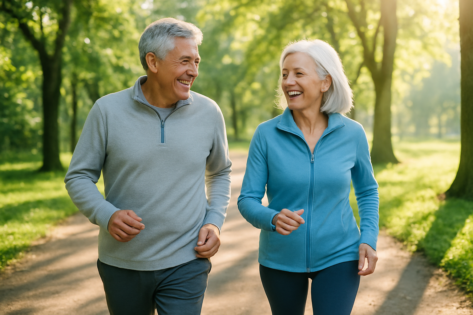 A healthy older couple walking briskly together along a tree-lined park trail in bright early morning sunlight, smiling and in conversation.