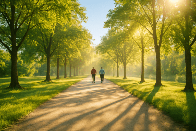 Bright sunlit tree-lined park path stretching into the distance with two older adult walkers in soft focus, clear blue sky and golden morning light.
