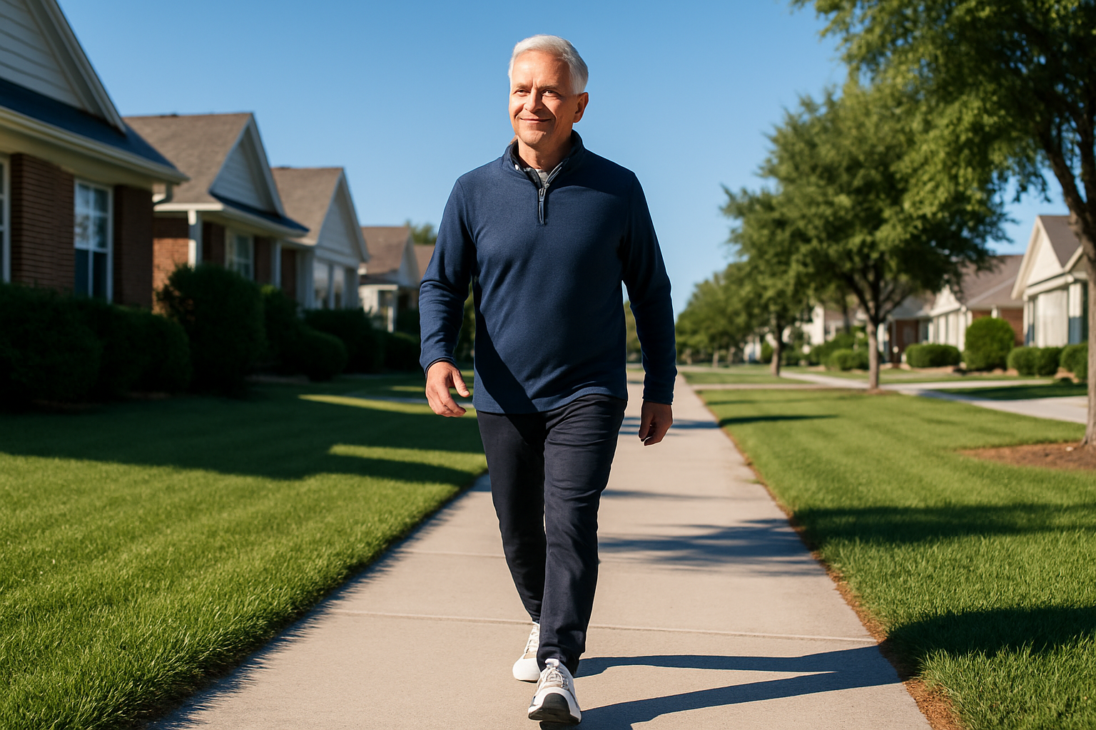 A healthy older man with silver hair walking confidently along a sunny suburban neighborhood sidewalk under a bright clear blue sky on a clear morning.