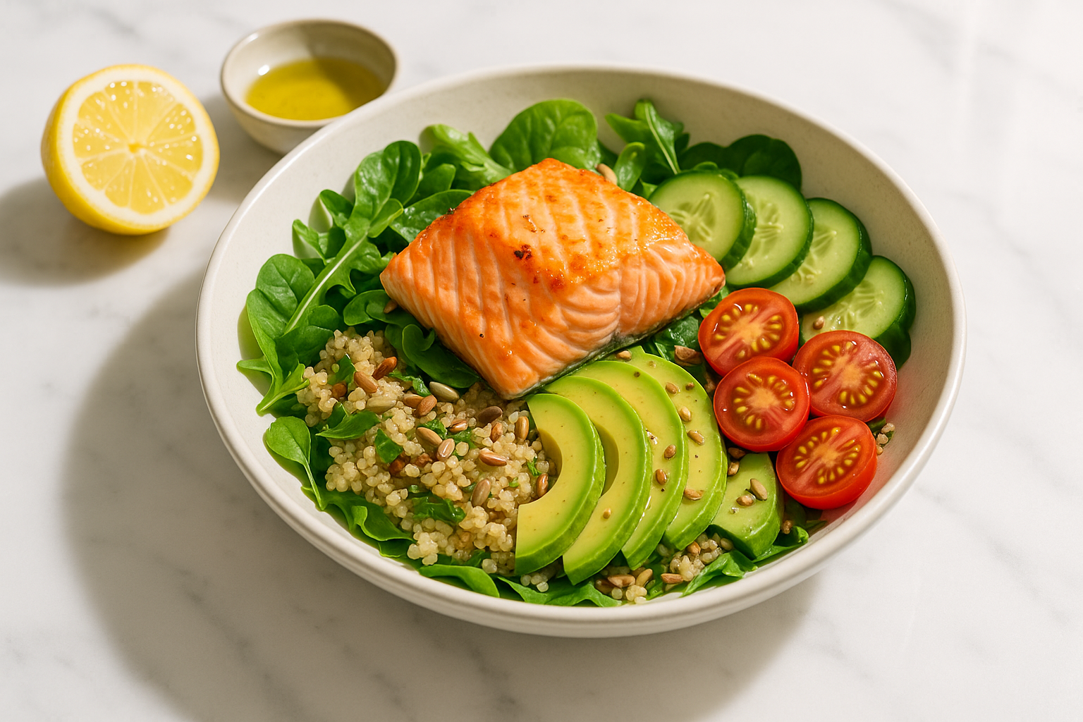 A colorful DASH-style meal bowl with salmon, leafy greens, quinoa, avocado, cherry tomatoes, and seeds on a bright white marble surface.