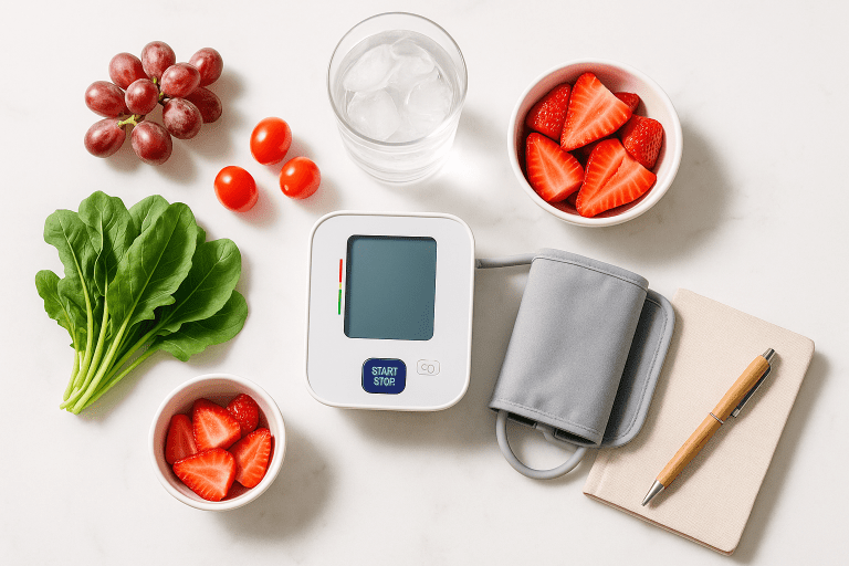 Overhead flat-lay of fresh produce, a home blood pressure monitor, glass of water, and a notebook on a white marble counter in bright morning light.