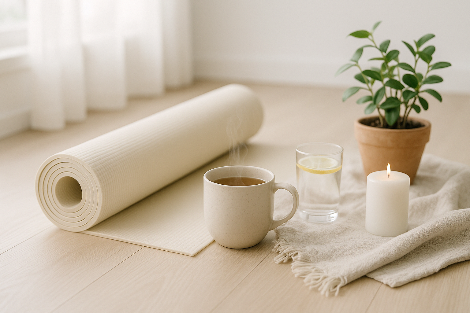 A rolled yoga mat, mug of herbal tea, glass of water, candle, and small houseplant arranged in soft bright morning window light.