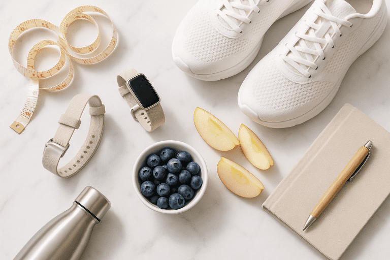 Bright overhead flat-lay of a tape measure, walking shoes, fitness tracker, water bottle, fresh berries, sliced apple, and a small notebook on a white marble counter in morning light.