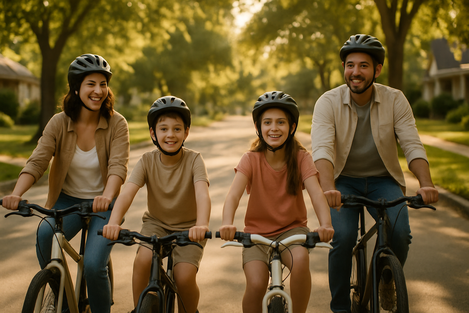 A family of four with helmets riding bicycles together on a quiet tree-lined neighborhood street in late afternoon light.