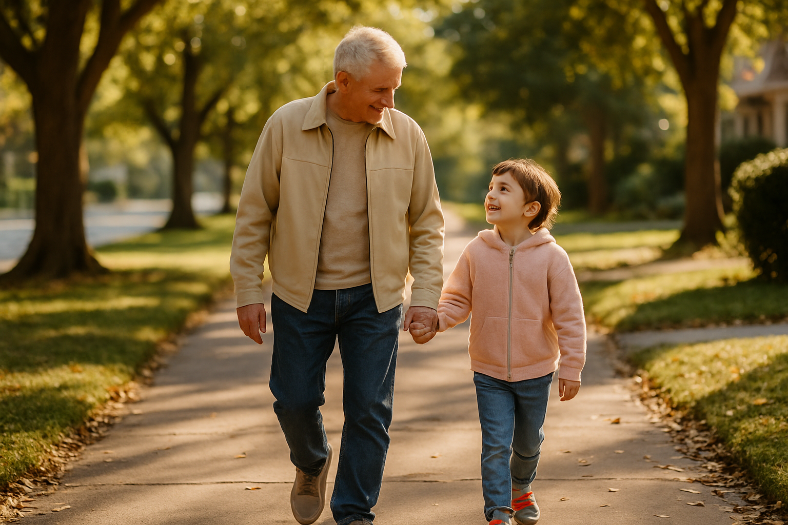 A grandparent with silver hair holding hands with a young grandchild walking along a tree-lined sidewalk in warm afternoon light.