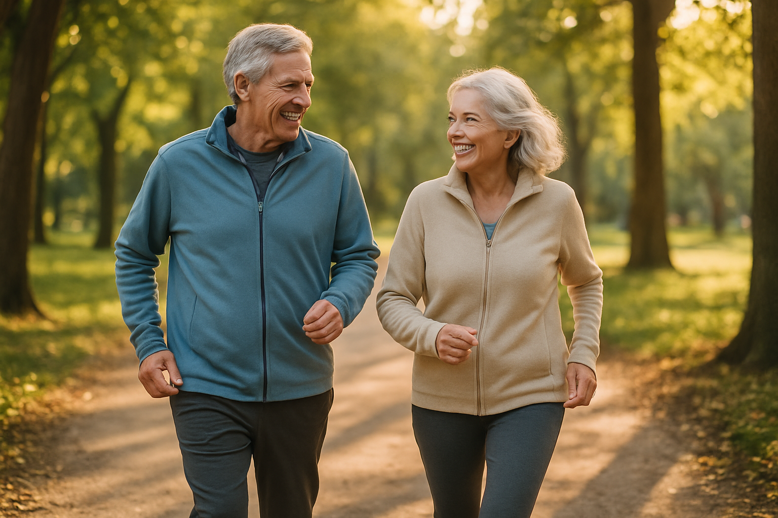 A healthy older couple walking briskly together along a tree-lined park path in warm late afternoon light.
