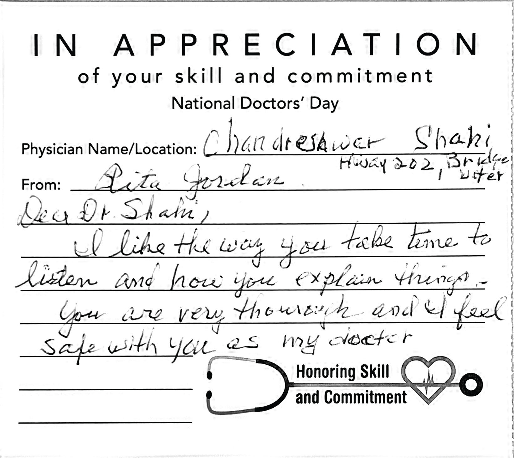 Handwritten National Doctors Day appreciation card from patient Rita Jordan thanking Dr. Shahi for taking time to listen, explaining things clearly, being thorough, and making her feel safe as her doctor.